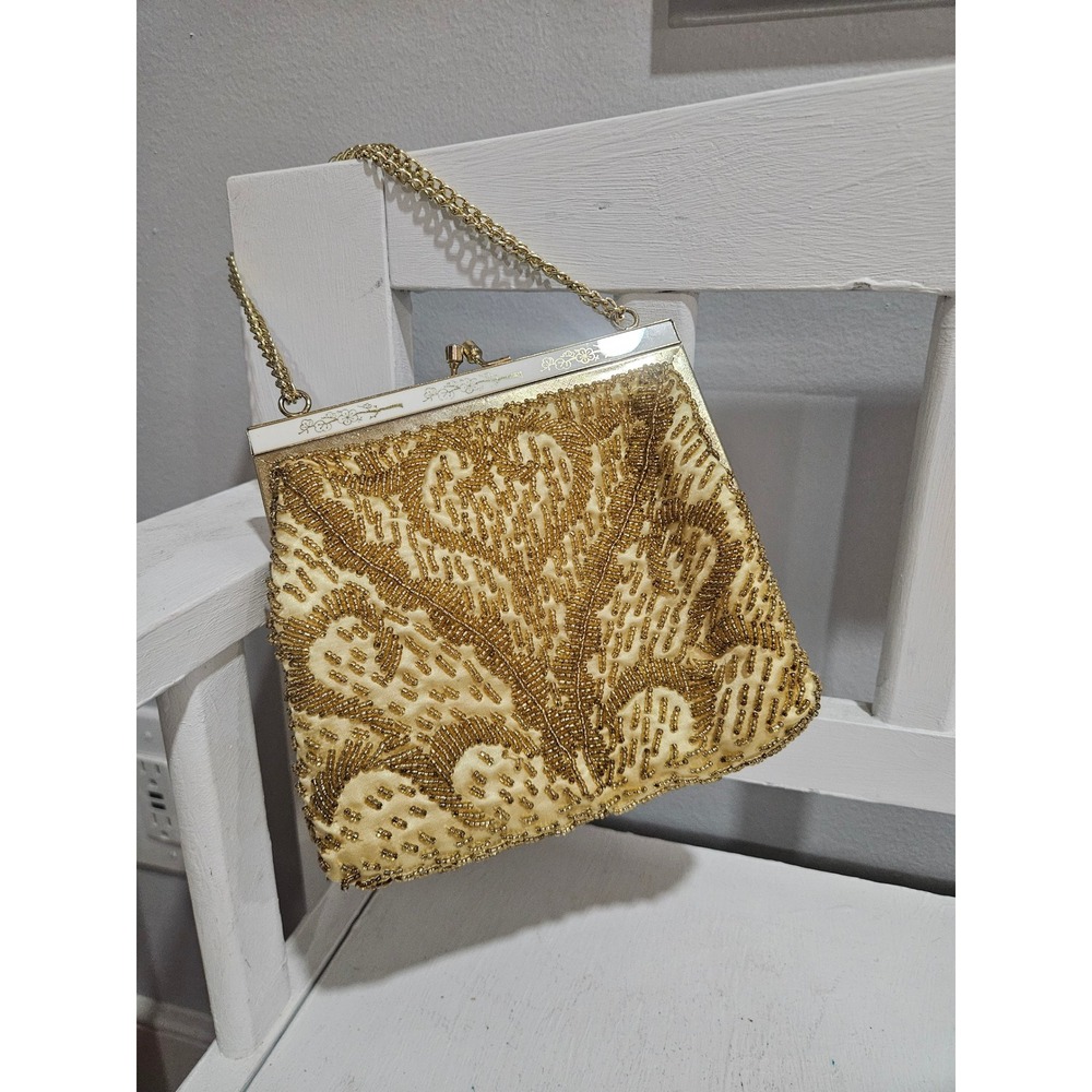Vtg Gold Metallic Seed Bead Purse, Old Hollywood Glam Bridal Evening Cocktail